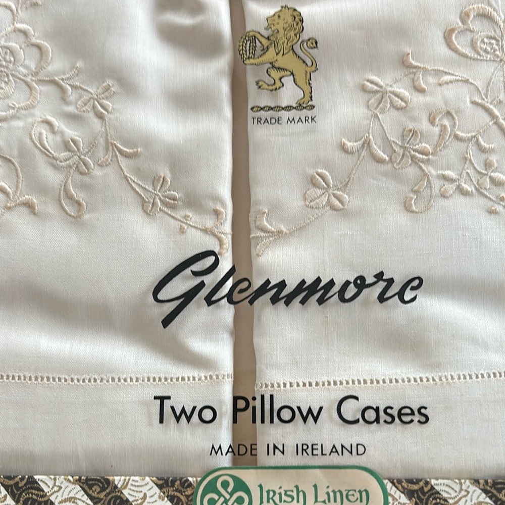 Exquisite, Vintage, NEW pair of embroidered Irish linen pillowcases.